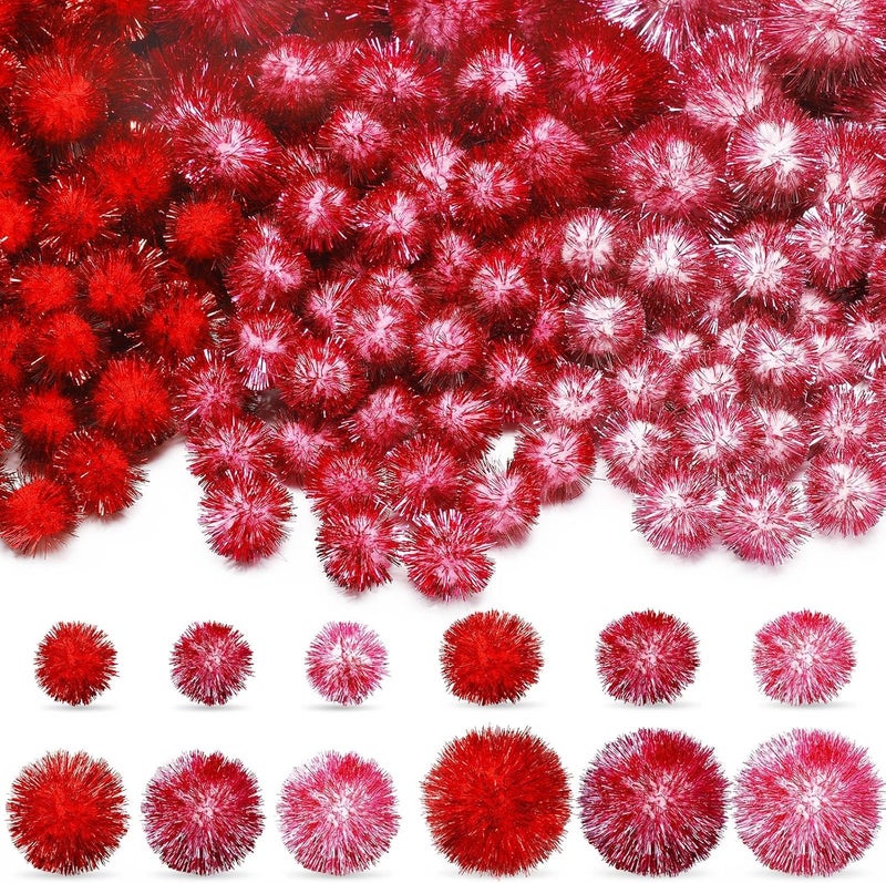Knitgrip 150 Pcs Large Glitter Tinsel Pom Poms 2.5" 2" 1.4" 1" Christmas Pompom Balls Jumbo Glitter Balls for DIY Craft Making Christmas Decorations(Red, Rose Red, Pink) - Image 1